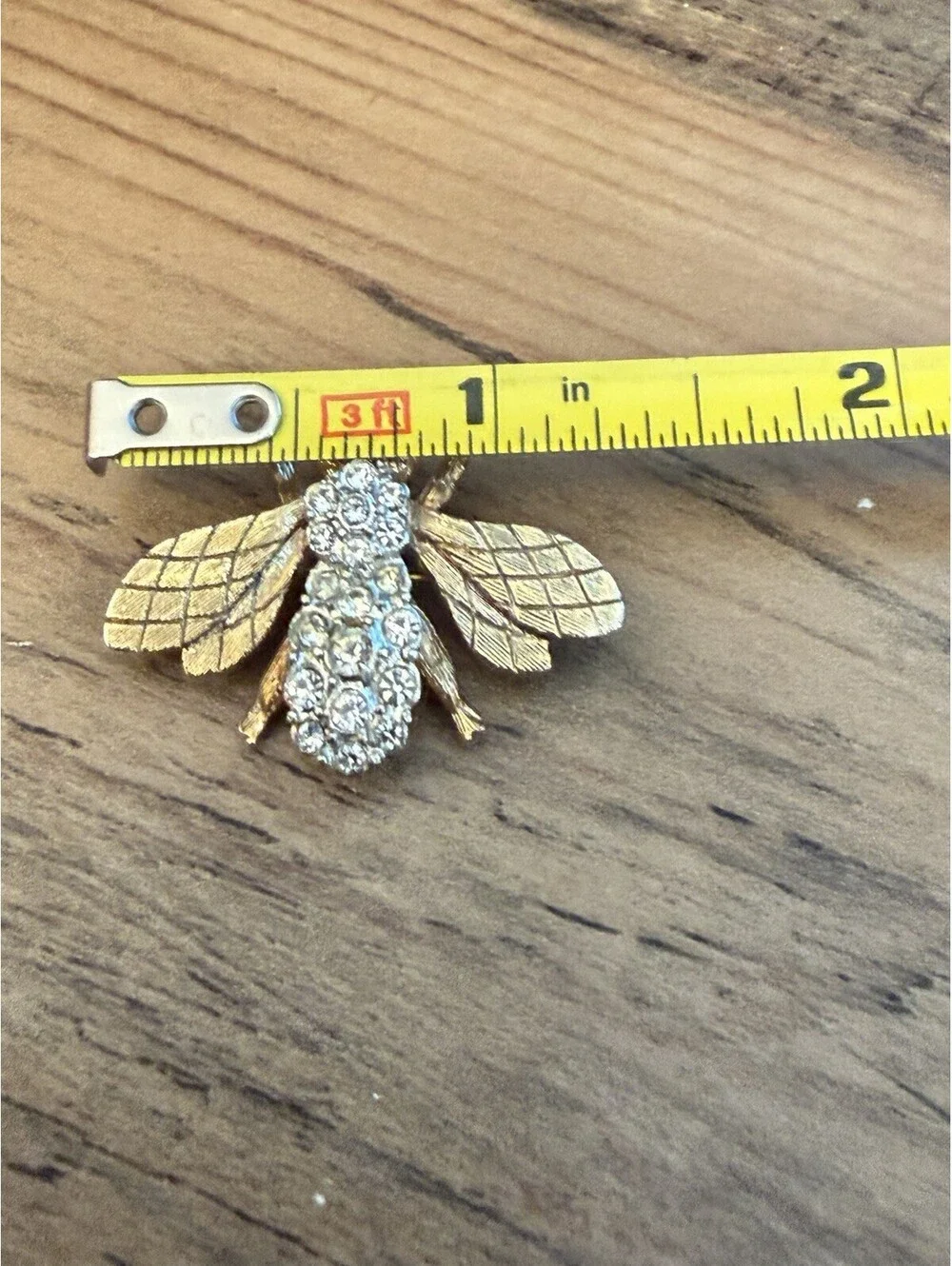 Signed Crystal BEE  BROOCH Pin Clear Rhinestones Green Eyes Gold Tone